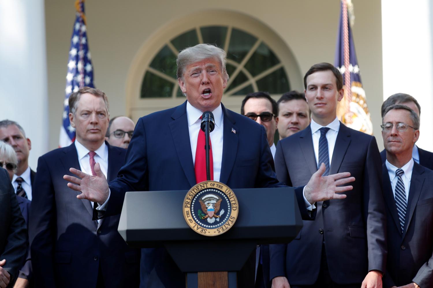 U.S. President Donald Trump delivers remarks on the United States-Mexico-Canada Agreement (USMCA) during a news conference in the Rose Garden of the White House in Washington, U.S., October 1, 2018. REUTERS/Kevin Lamarque - RC1AE9DCF420