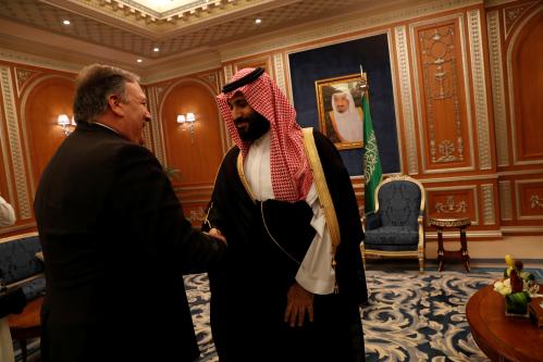 U.S. Secretary of State Mike Pompeo meets with the Saudi Crown Prince Mohammed bin Salman during his visits in Riyadh, Saudi Arabia, October 16, 2018. REUTERS/Leah Millis/Pool - RC15EE5EA250