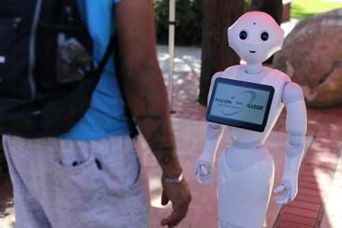 An artificial Intelligence project utilizing a humanoid robot from French company Aldebaran and reprogramed for their specific campus makes its debut as an assistant for students attending Palomar College in San Marcos, California, U.S. October 10, 2017. REUTERS/Mike Blake - RC17EC70A190