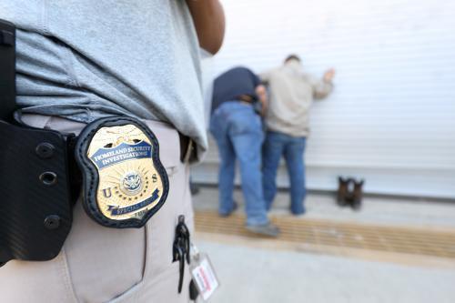 U.S. Immigration and Customs Enforcement's (ICE) Homeland Security Investigations (HSI) officers execute criminal search warrants and arrest more than 100 company employees on federal immigration violations at a trailer manufacturing business in Sumner, Texas, U.S, August 28, 2018.  Picture taken August 28, 2018.   U.S. Immigration and Customs Enforcement/Handout via REUTERS     ATTENTION EDITORS - THIS IMAGE WAS PROVIDED BY A THIRD PARTY. - RC17624E11A0