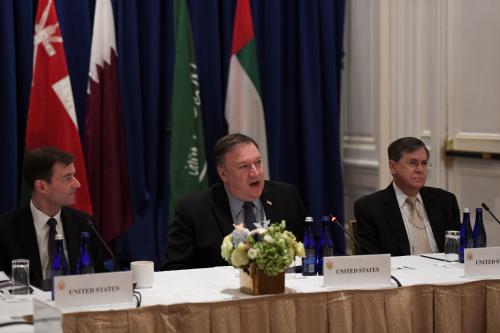 U.S. Secretary of State Mike Pompeo (C) speaks alongside U.S. Ambassador David Satterfield (R) and Under Secretary of State for Political Affairs David Hale (L) while hosting a Gulf Cooperation Council summit on the sidelines of the United Nations General Assembly in New York City, U.S. September 28, 2018. REUTERS/Darren Ornitz -