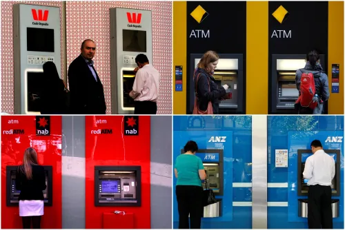 FILE PHOTO - A combination of photographs shows people using automated teller machines (ATMs) at Australia's "Big Four" banks - Australia and New Zealand Banking Group Ltd (bottom R), Commonwealth Bank of Australia (top R), National Australia Bank Ltd (bottom L) and Westpac Banking Corp (top L).    REUTERS/Staff/File photo - RC1D46C35580