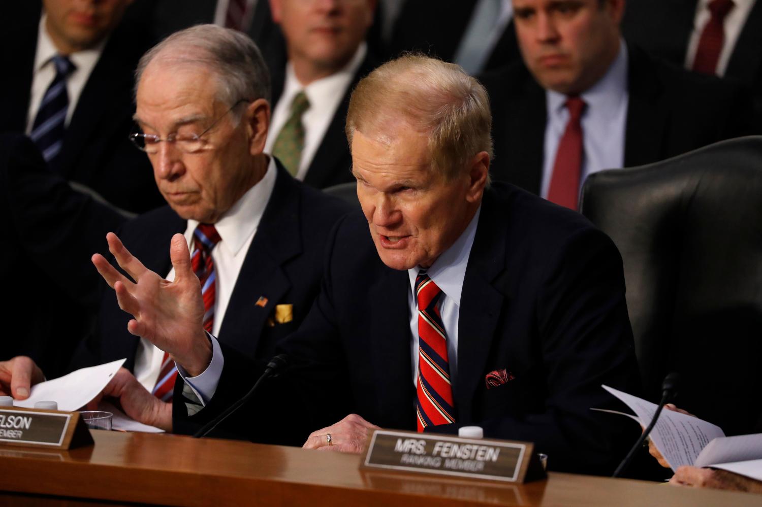 Sen. Bill Nelson (D-FL) questions Facebook CEO Mark Zuckerberg as Zuckerberg (not pictured) testifies before a joint Judiciary and Commerce Committee hearing on Capitol Hill in Washington, U.S., April 10, 2018. REUTERS/Aaron P. Bernstein - HP1EE4A1HXS64