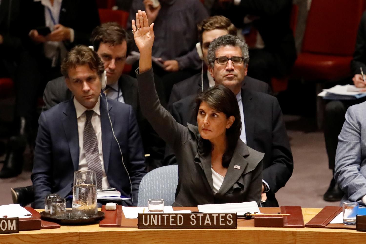 U.S. Ambassador to the United Nations Nikki Haley votes for a U.S. backed resolution for protection of Palestinians civilians during a Security Council meeting at U.N. headquarters in Manhattan, New York, U.S., June 1, 2018.   REUTERS/Shannon Stapleton - RC16E03F06A0