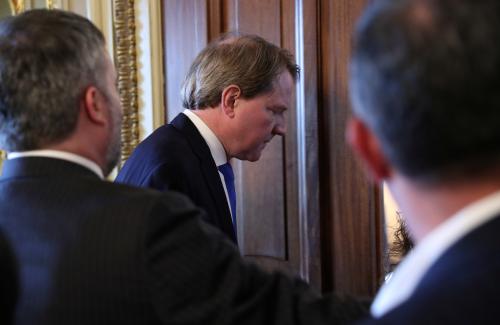 White House counsel Don McGahn exits the Senate chamber after the U.S. Senate voted to confirm the U.S. Supreme Court nomination of Judge Brett Kavanaugh at the U.S. Capitol in Washington, U.S., October 6, 2018.  REUTERS/Jonathan Ernst - RC17D67B34F0