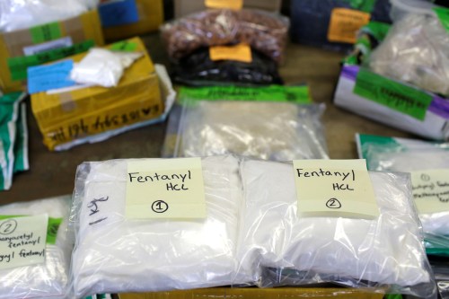 Plastic bags of Fentanyl are displayed on a table at the U.S. Customs and Border Protection area at the International Mail Facility at O'Hare International Airport in Chicago, Illinois, U.S. November 29, 2017. Picture taken November 29, 2017. REUTERS/Joshua Lott - RC1A1D1A37D0