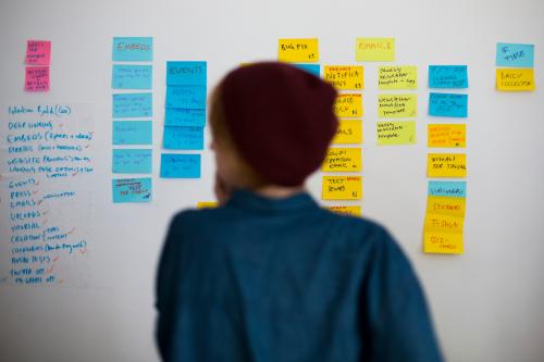 Sofia Braendstroem of Sweden looks at a wall of to-do notes in the office of the HowDo,a "how-to-do-it-yourself" app,  start-up at the Wostel co-working space in Berlin March 18, 2013. Europe must urgently tackle youth unemployment, the French, German and Italian governments said May 28, 2013, urging action to rescue an entire generation who fear they will not find jobs. Some 7.5 million Europeans aged 15-24 are neither in employment nor in education or training, according to EU data. Youth unemployment in the EU stood at 23.6 percent in January, more than twice as high as the adult rate. Picture taken March 18, 2013.   REUTERS/Thomas Peter (GERMANY - Tags: BUSINESS EMPLOYMENT) - BM2E9460VHJ01