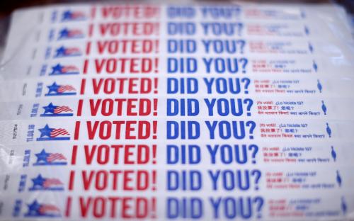 Wristbands for voters are seen at a polling station during early voting in Chicago, Illinois, U.S., October 14, 2016.    REUTERS/Jim Young  - S1BEUGZEKGAA