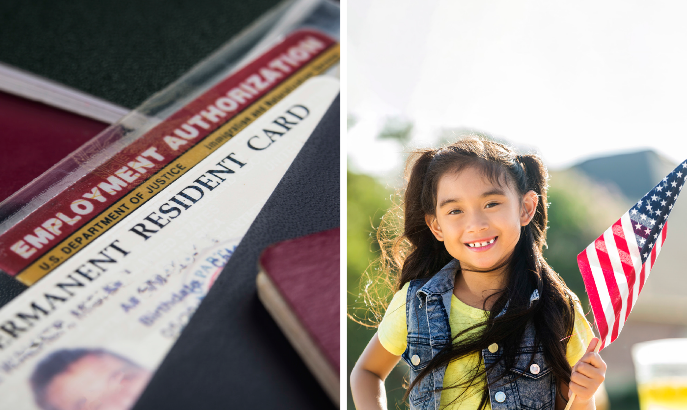 permanent resident card and little girl holding an american flag