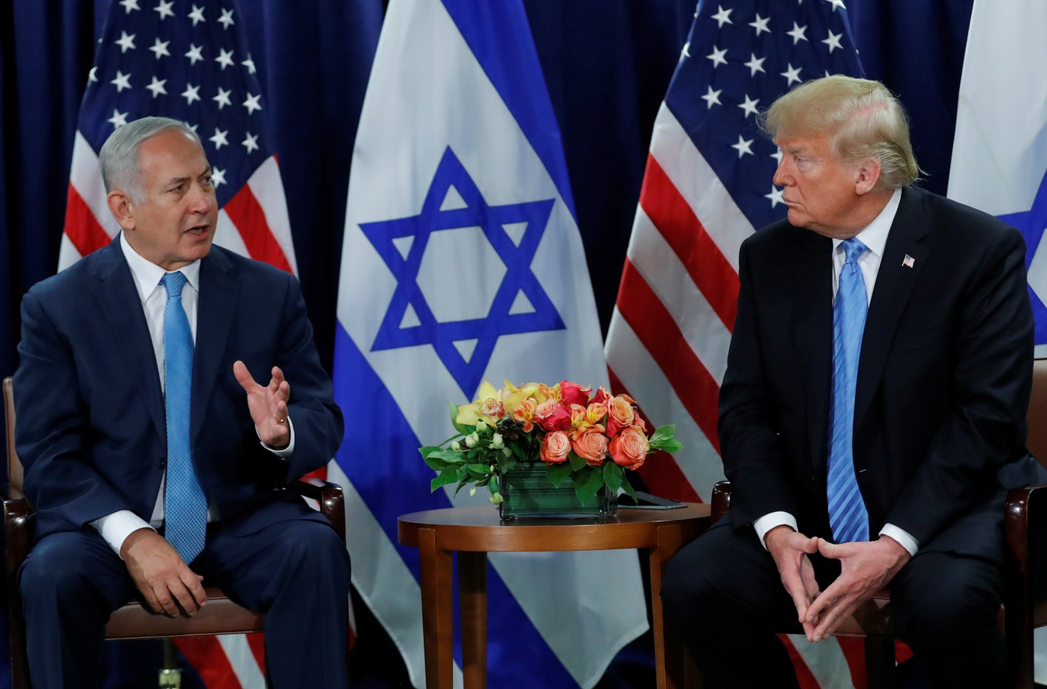 Israeli Prime Minister Benjamin Netanyahu speaks during a bilateral meeting with U.S. President Donald Trump on the sidelines of the 73rd session of the United Nations General Assembly at U.N. headquarters in New York, U.S., September 26, 2018. REUTERS/Carlos Barria - RC185DAD66E0