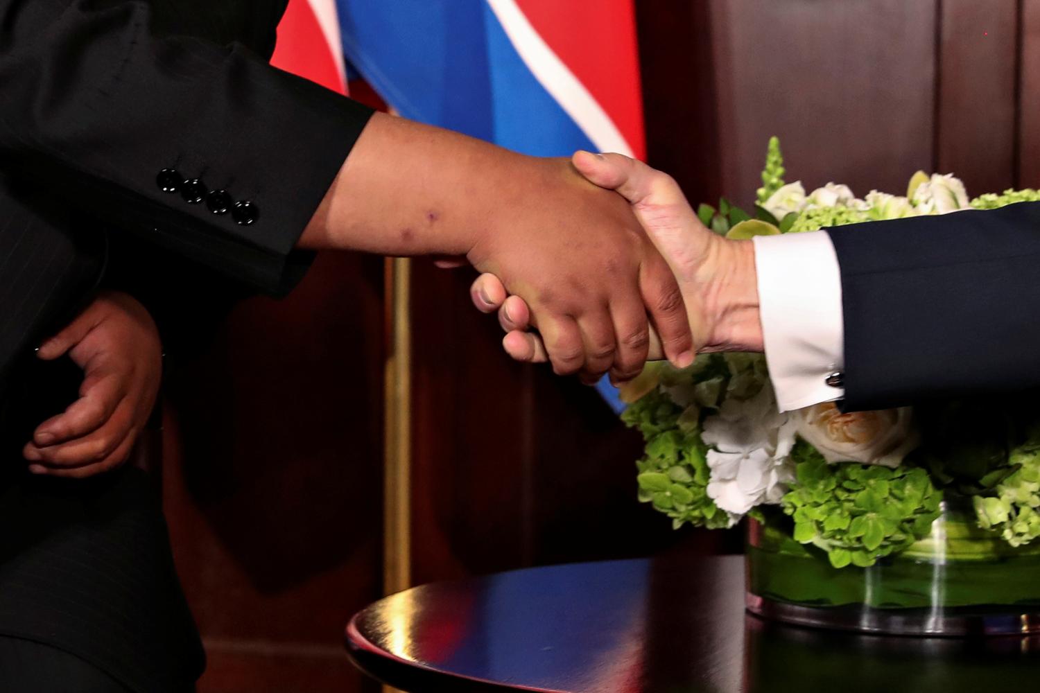 U.S. President Donald Trump shakes hands with North Korea's leader Kim Jong Un before their bilateral meeting at the Capella Hotel on Sentosa island in Singapore June 12, 2018. REUTERS/Jonathan Ernst - RC1BD9794C10