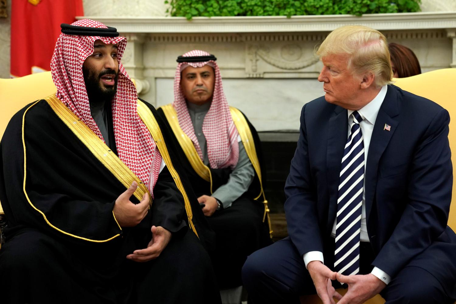 Saudi Arabia's Crown Prince Mohammed bin Salman delivers remarks as U.S. President Donald Trump welcomes him in the Oval Office at the White House in Washington, U.S. March 20, 2018.  REUTERS/Jonathan Ernst - RC1BA9175240