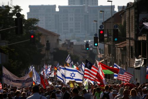 People take part in the March of the Nations, in which Christians from around the world and Israelis protest against anti-Semitism and in support of Israel, in Jerusalem, May 15, 2018. REUTERS/Ronen Zvulun - RC1FA896CC70