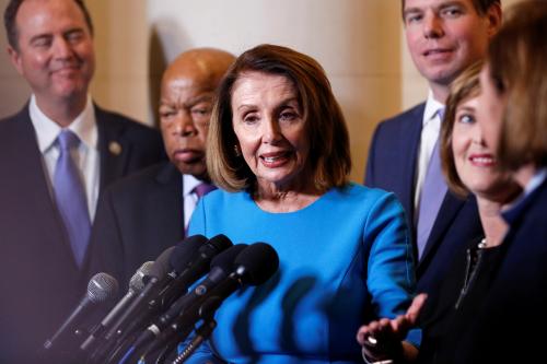 House Minority Leader Nancy Pelosi (D-CA) speaks during a break in a House Democratic Caucus meeting where she was nominated to be Speaker of the House for the 116th Congress on Capitol Hill in Washington, U.S., November 28, 2018.      REUTERS/Joshua Roberts - RC1DE83D3A60