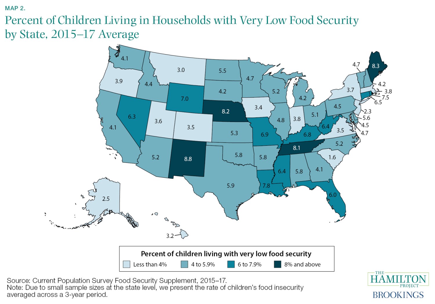 map of percentage of children living in households with very low food security by state