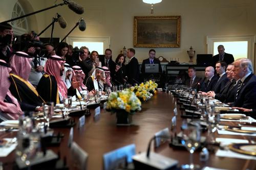 U.S. President Donald Trump and Saudi Arabia's Crown Prince Mohammed bin Salman sit down to a working lunch with their delegations at the White House in Washington.