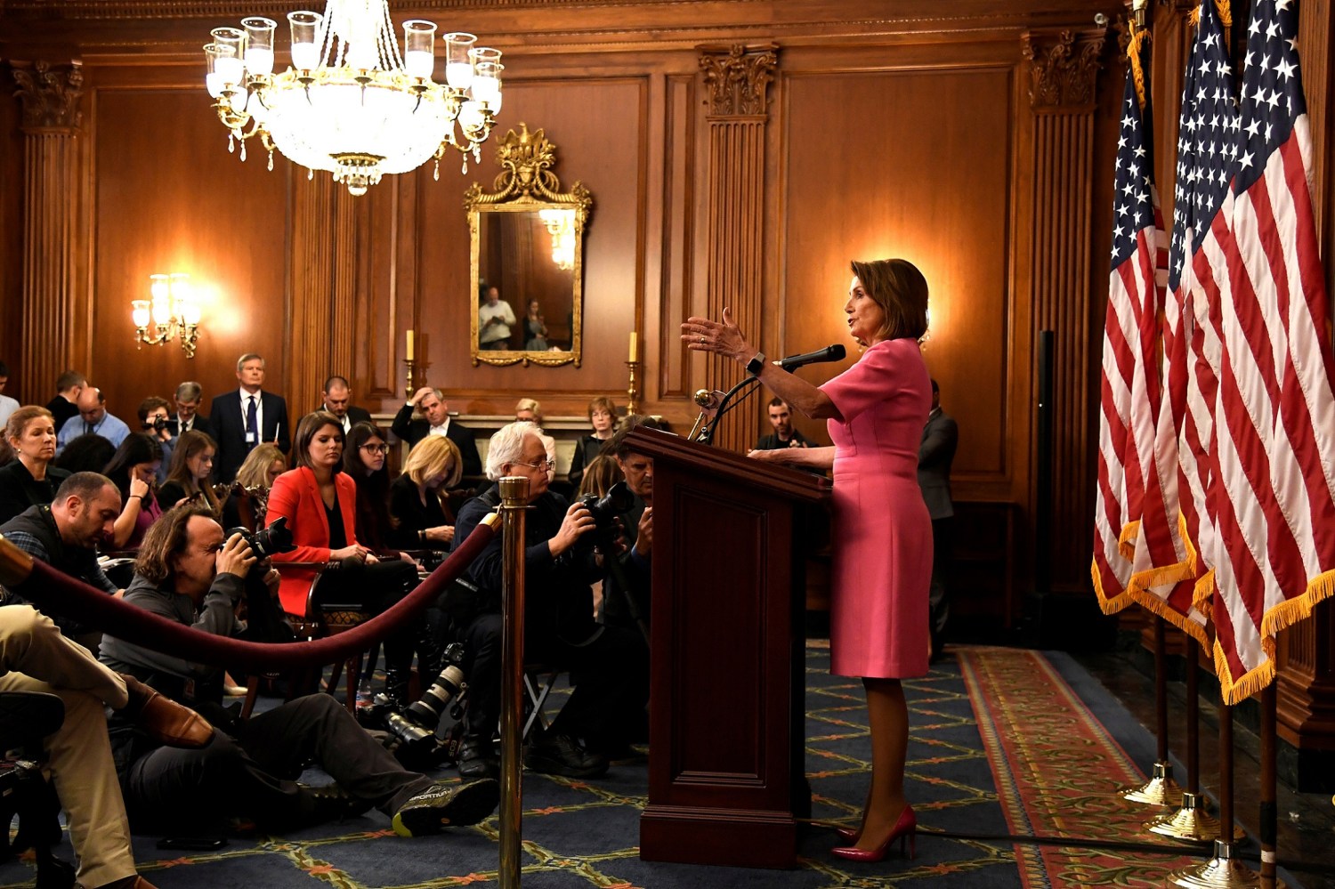 House Minority Leader Nancy Pelosi (D-CA) makes remarks a day after the Midterm Elections, in which the Senate Republicans retained their majority as the House saw Democrats sweep into control, and a possible return as Speaker for Pelosi, on Capitol Hill in Washington, U.S., November 7, 2018. REUTERS/Mike Theiler - RC1EAA04BEA0