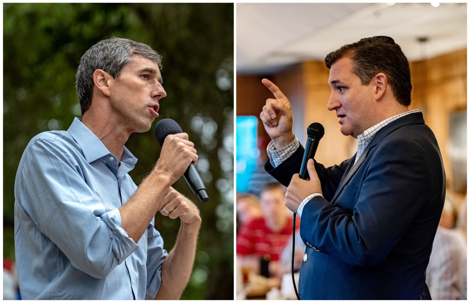 FILE PHOTOS: A combination photo shows U.S. Rep. Beto O'Rourke (L) and U.S. Senator Ted Cruz (R) speaking to supporters in Del Rio, Texas, on September 22, 2018 and in Columbus, Texas, U.S. on September 15, 2018 respectively.   REUTERS/Sergio Flores/File Photos - RC1F56113730