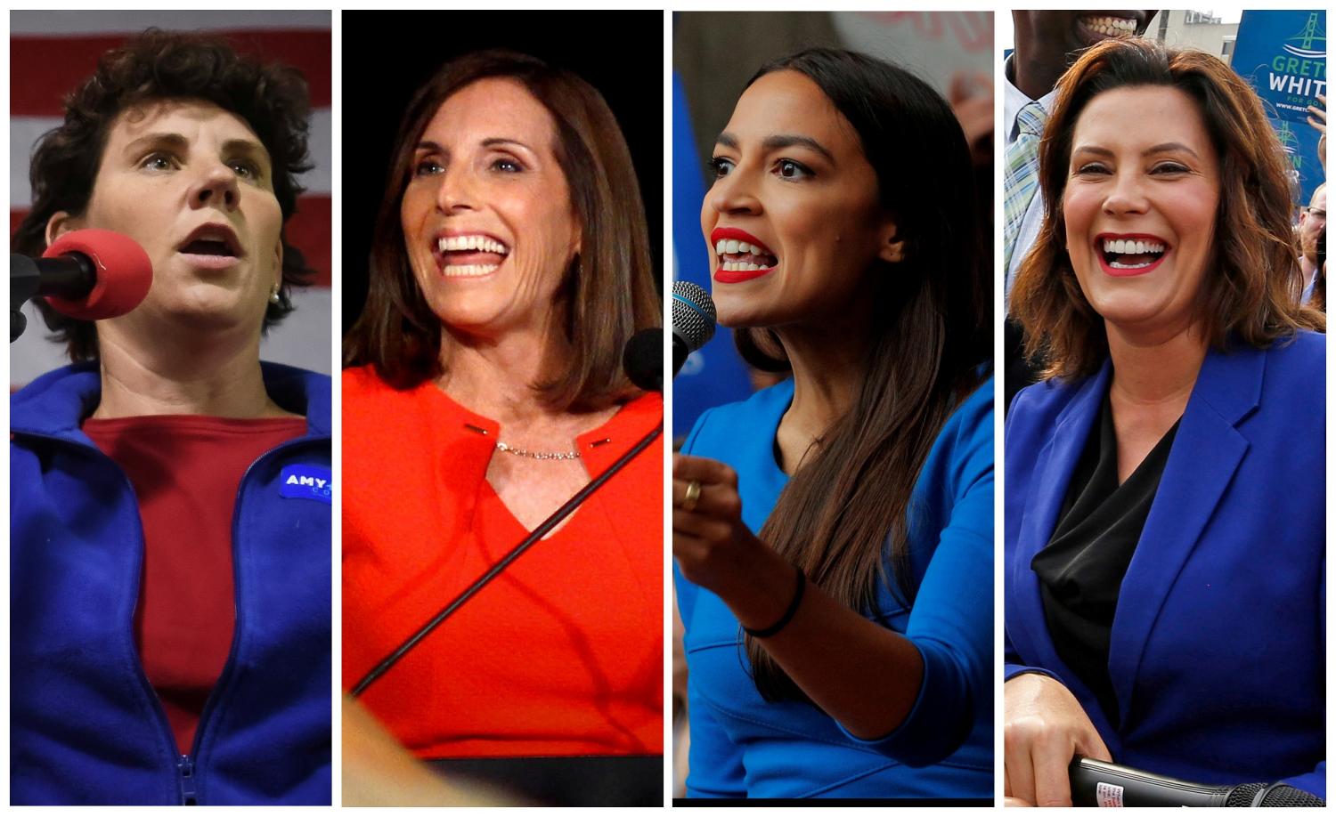 FILE PHOTO: L-R: U.S. Democratic congressional candidate Amy McGrath of Kentucky, Republican U.S. Senate candidate Martha McSally of Arizona, Democratic congressional candidate Alexandria Ocasio-Cortez of New York and Democratic candidate for Governor Gretchen Whitmer of Michigan are shown in this combination photo from Reuters files.  REUTERS/File Photos - RC1ADA9D8480