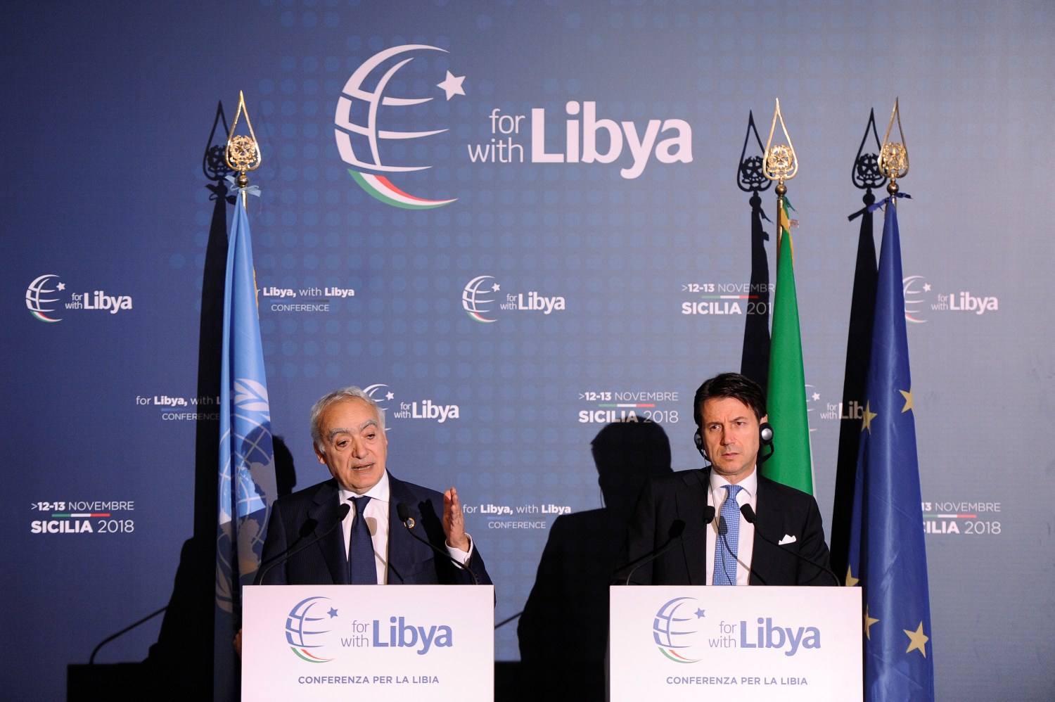 U.N. Envoy to Libya Ghassan Salame and Italy's Prime Minister Giuseppe Conte attend a news conference after the second day of the international conference on Libya in Palermo, Italy November 13, 2018. REUTERS/Guglielmo Mangiapane - RC124FDB7760