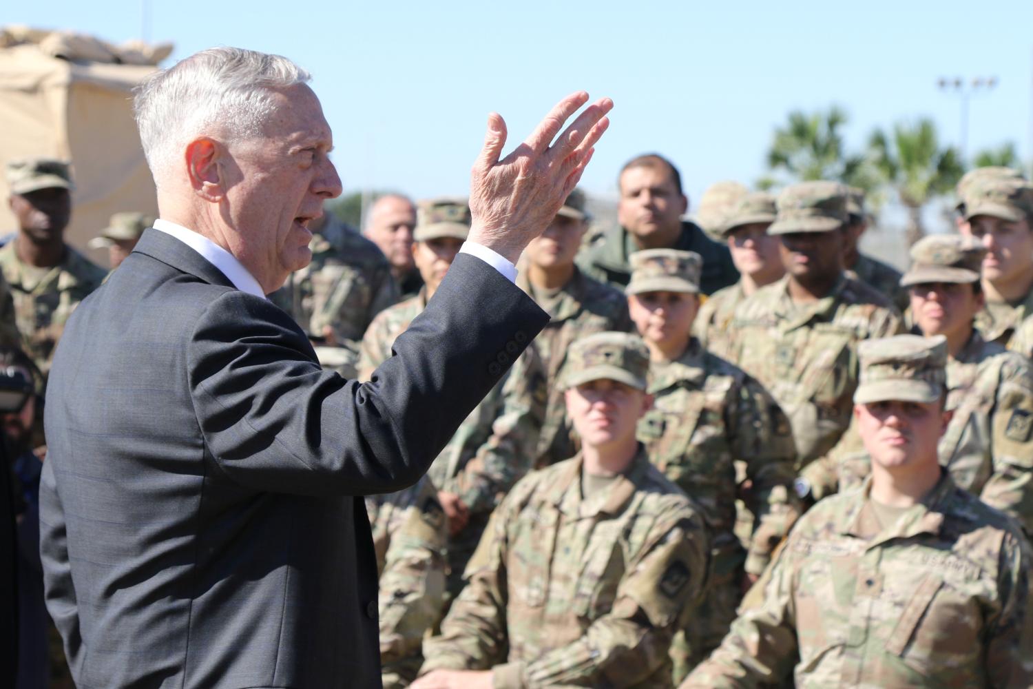 James Mattis, U.S. Secretary of Defense, speaks with troops from the 56th Multifunctional Medical Battalion, 62nd Medical Brigade at Base Camp Donna in Donna, Texas, U.S., November 14, 2018.   Master Sgt. Jacob Caldwel/U.S. Army/Handout via REUTERS    ATTENTION EDITORS - THIS IMAGE WAS PROVIDED BY A THIRD PARTY. - RC1C0229FF40