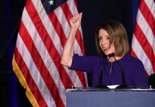 U.S. House Minority Leader Nancy Pelosi celebrates the Democrats winning a majority in the U.S. House of Representatives in the U.S. midterm elections during a Democratic election night party in Washington, U.S. November 6, 2018. REUTERS/Jonathan Ernst - RC15D633D420