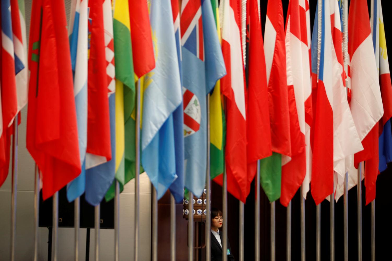 An attendant stands behind flags ahead of the opening ceremony of the fifth World Internet Conference (WIC) in Wuzhen, Zhejiang province, China, November 7, 2018. REUTERS/Jason Lee - RC19C66AD7D0