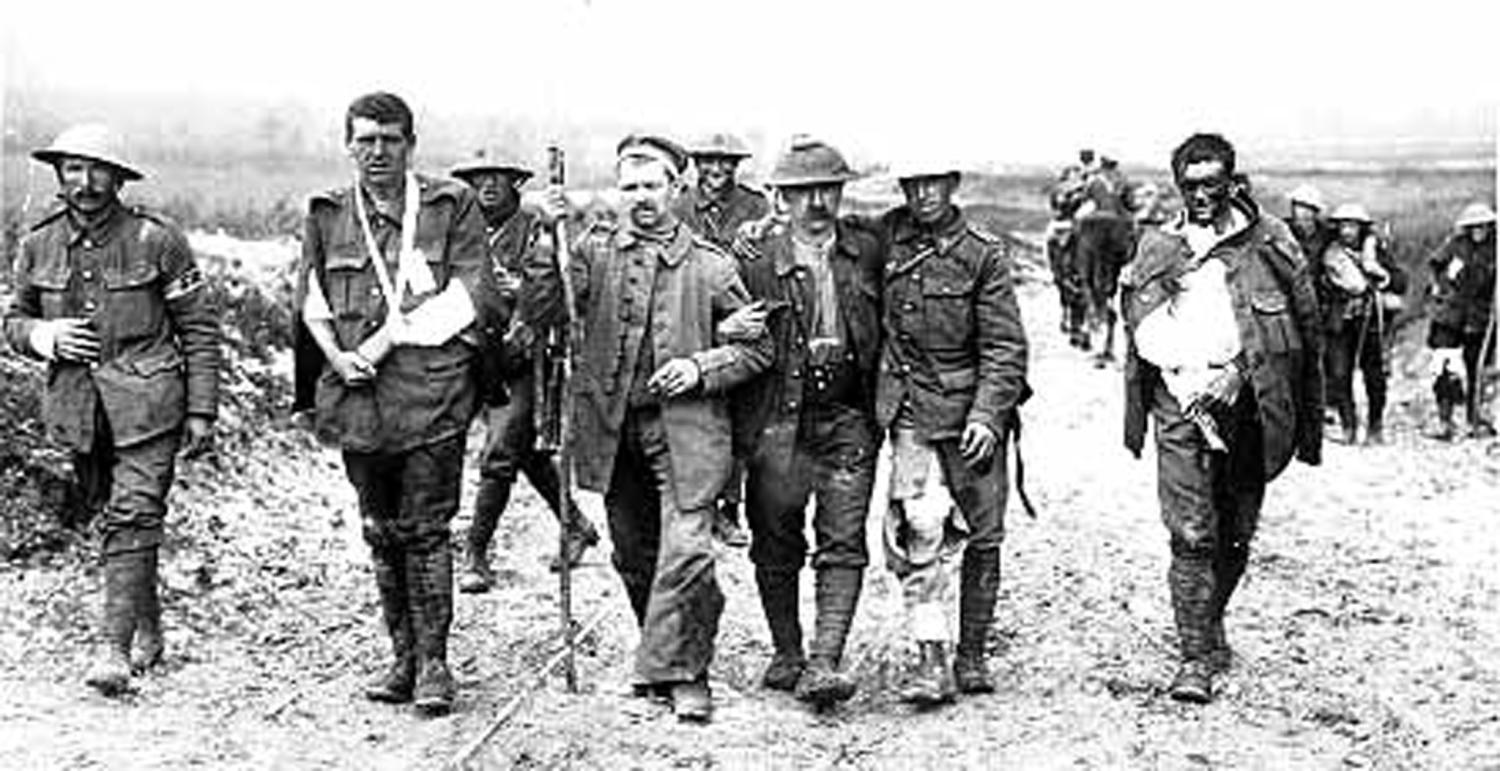 - UNDATED FILE PHOTO - British soldiers wounded in the trenches on the Western Front during the First World War make their way back from the front line. Eighty years ago, on 11 November 1918 an armistice was signed between the Allied and the German forces bringing the war to an end. Services will be held in Belgium, France and Britain, November 7 and over the next few days in remembrance of the millions who died fighting in the two World Wars in the first half of this century.? QUALITY DOCUMENT - PBEAHUMHUBE