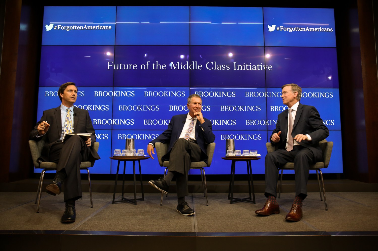 Governors Kasich and Hickenlooper talk with Brookings Senior Fellow Richard Reeves at the launch event for Isabel Sawhill's book, The Forgotten Americans, on October 10, 2018.