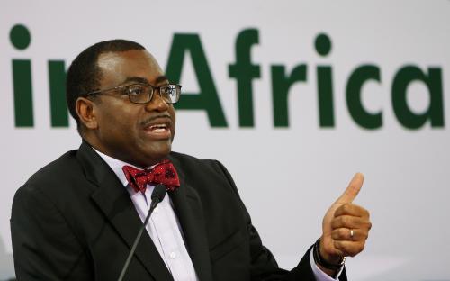 African Development Bank (AfDB) President Akinwumi Adesina gestures as he addresses a news conference on the first day of the annual meeting of AfDB in Gandhinagar, India, May 22, 2017. REUTERS/Amit Dave - RC1746196000