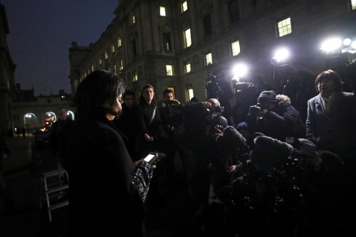 Daniela Tejada, wife of British academic Matthew Hedges who was jailed in U.A.E. for spying, talks to the media outside the Foreign and Commonwealth Office in London, Britain, November 22, 2018. REUTERS/Simon Dawson - RC13F6E13BE0