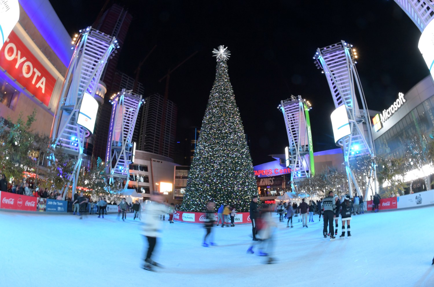 Dec 18, 2018; Los Angeles, CA, USA; People skate around a Christmas tree outside of the Staples Center before an NHL game between the Winnipeg Jets and the Los Angeles Kings. Mandatory Credit: Kirby Lee-USA TODAY Sports - 11869604