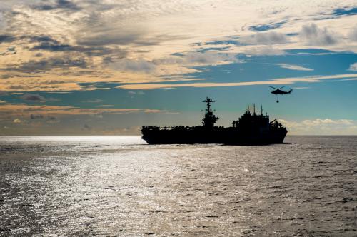 The Nimitz-class aircraft carrier USS John C. Stennis conducts a replenishment-at-sea with the dry cargo and ammunition ship USNS Charles Drew November 13, 2018. Picture taken November 13, 2018. Courtesy Nick Bauer/U.S. Navy/Handout via REUTERS ATTENTION EDITORS - THIS IMAGE HAS BEEN SUPPLIED BY A THIRD PARTY. - RC1913660520