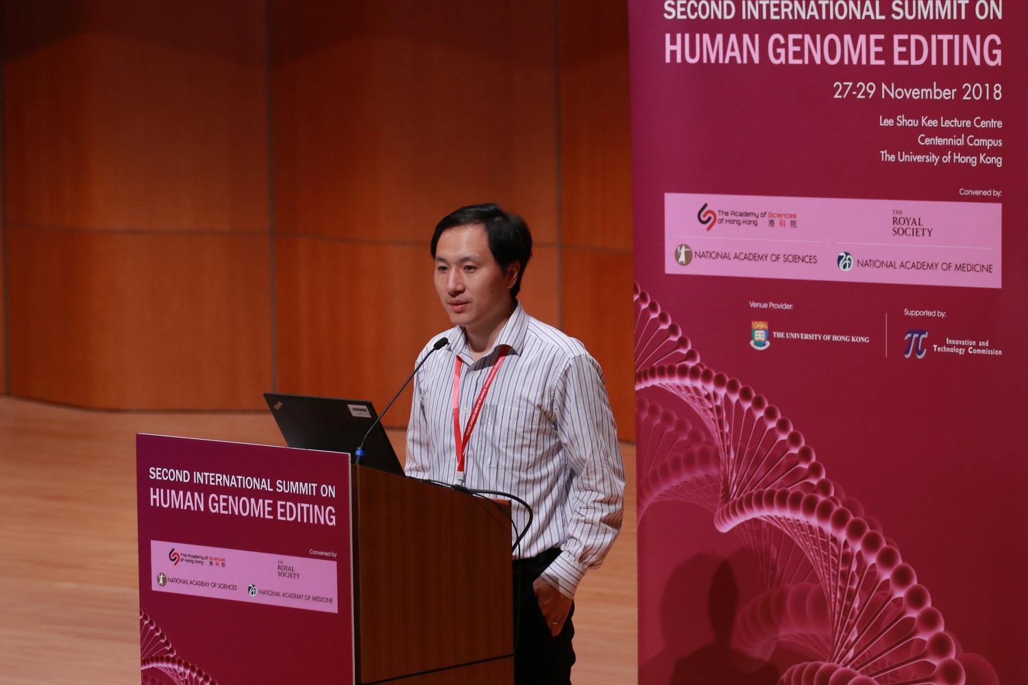 Scientist He Jiankui speaks during the International Summit on Human Genome Editing at the University of Hong Kong in Hong Kong, China November 28, 2018. REUTERS/Stringer  ATTENTION EDITORS - THIS IMAGE WAS PROVIDED BY A THIRD PARTY. CHINA OUT. - RC160E366BC0