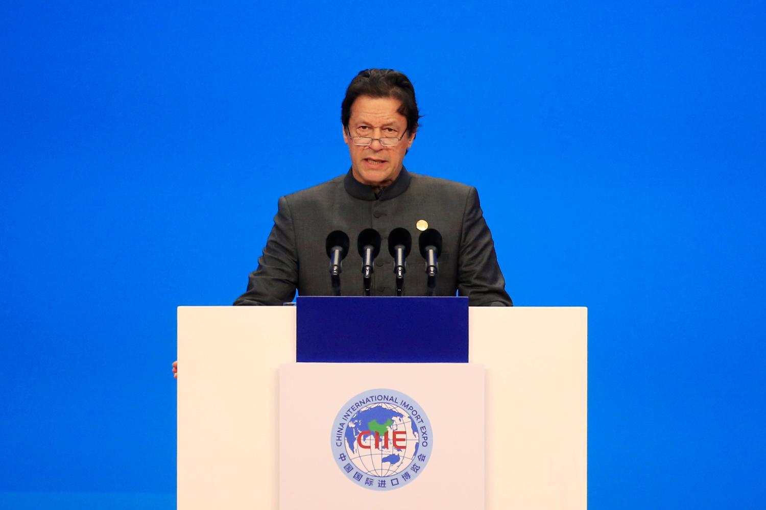 Pakistani Prime Minister Imran Khan speaks at the opening ceremony for the first China International Import Expo (CIIE) in Shanghai, China November 5, 2018.  REUTERS/Aly Song/Pool - RC128E965F40