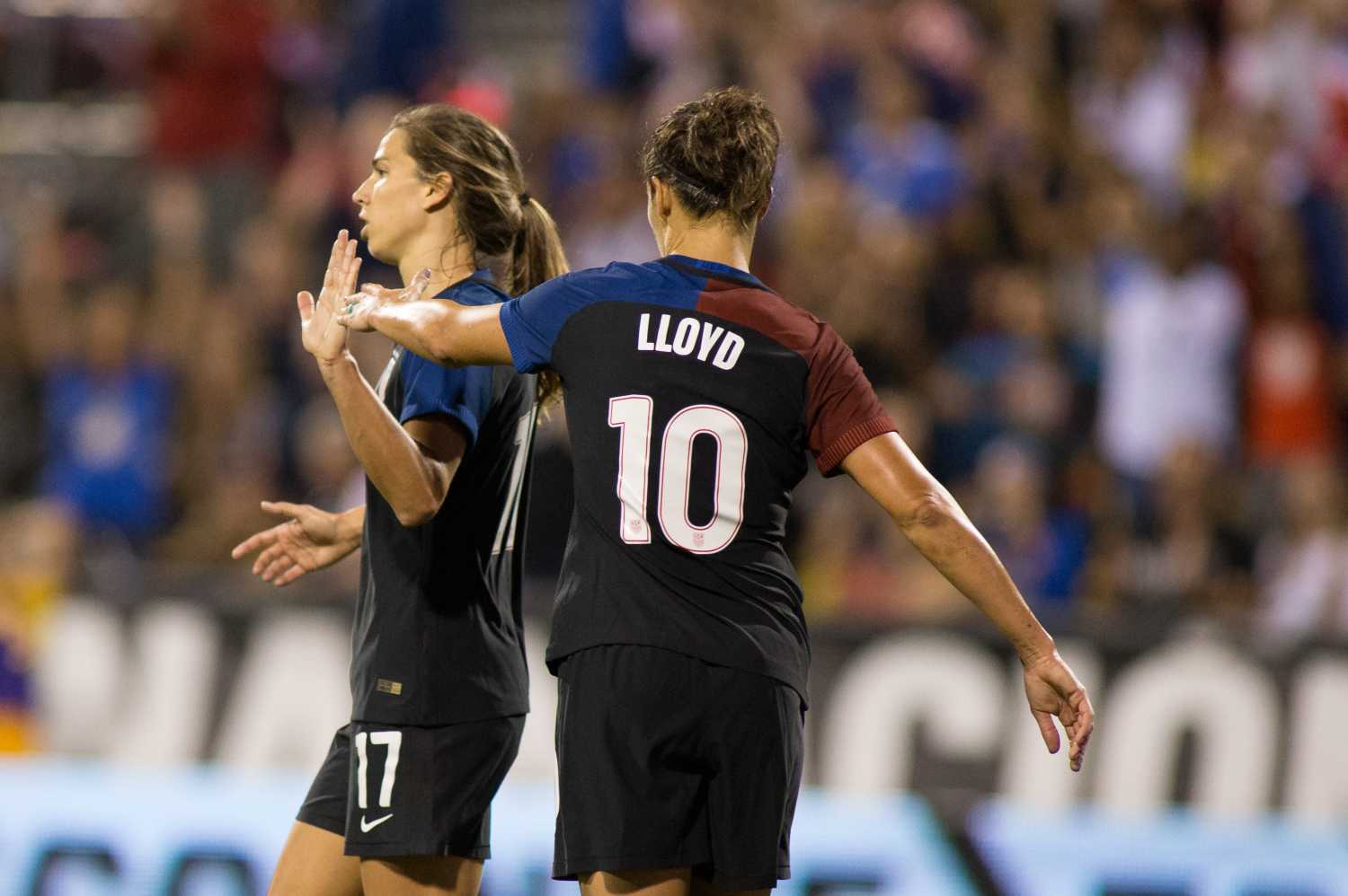 Sep 15, 2016; Columbus, OH, USA;  USA midfielder Tobin Heath (17) celebrates her goal with midfielder Carli Lloyd (10) in the first half against Thailand at MAPFRE Stadium. The USA defeated Thailand 9-0. Mandatory Credit: Trevor Ruszkowski-USA TODAY Sports - 9541294
