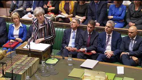 Britain's Prime Minister Theresa May makes a statement in the House of Commons, London, Britain November 26, 2018. Parliament TV handout via REUTERS FOR EDITORIAL USE ONLY. NOT FOR SALE FOR MARKETING OR ADVERTISING CAMPAIGNS - RC1631E6F580