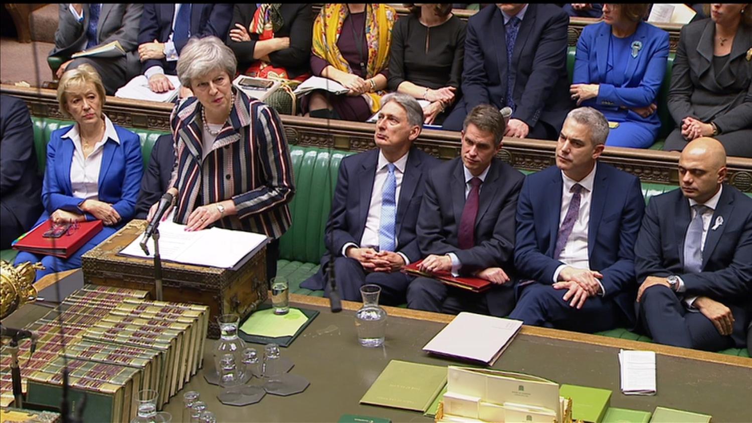 Britain's Prime Minister Theresa May makes a statement in the House of Commons, London, Britain November 26, 2018. Parliament TV handout via REUTERS FOR EDITORIAL USE ONLY. NOT FOR SALE FOR MARKETING OR ADVERTISING CAMPAIGNS - RC1631E6F580