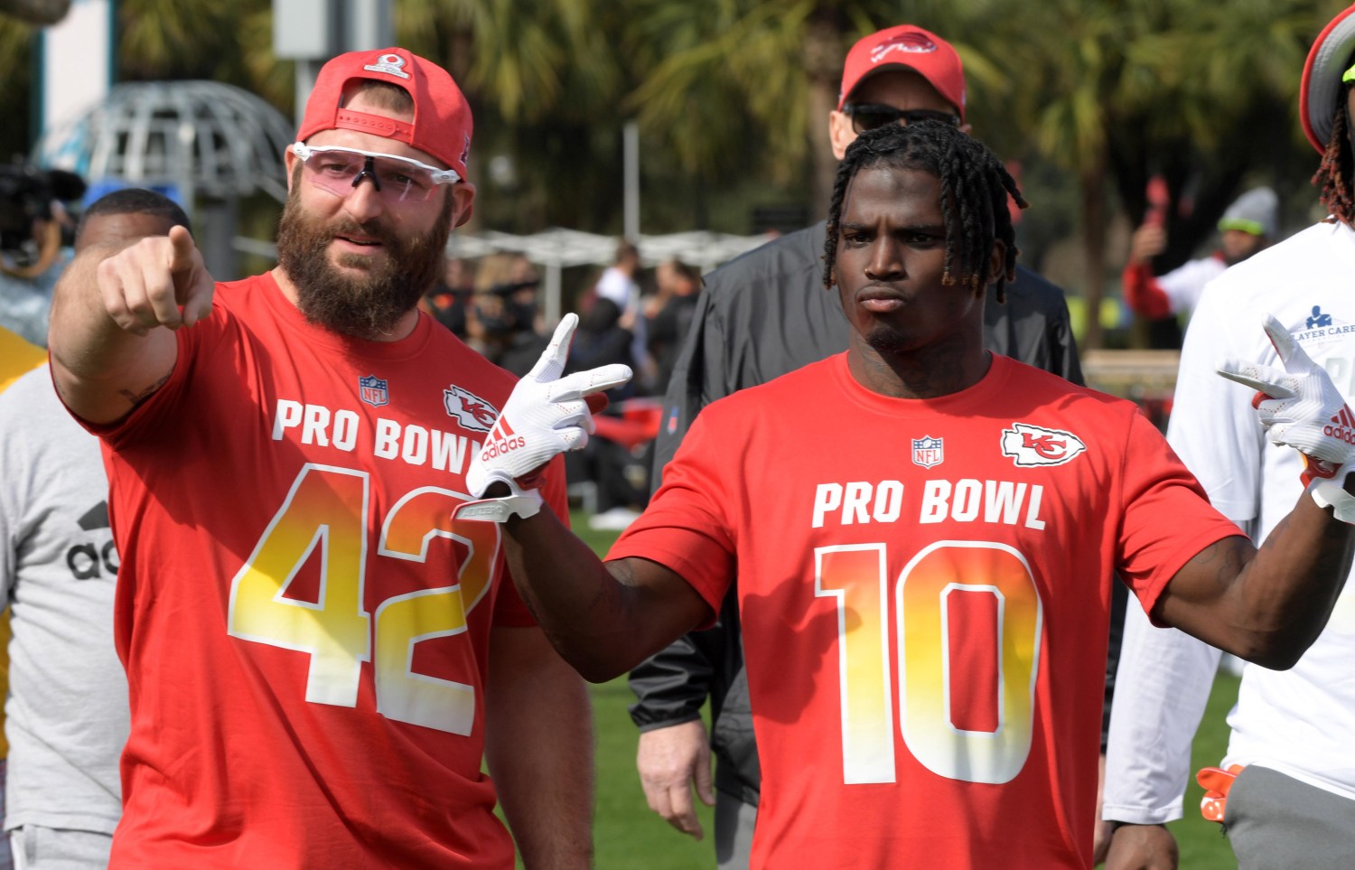 Jan 24, 2019; Kissimmee, FL, USA; Kansas City fullback Andrew Sherman (42) and receiver Tyreek Hill (10) during AFC practice for the 2019 Pro Bowl  at ESPN Wide World of Sports Complex. Mandatory Credit: Kirby Lee-USA TODAY Sports - 12049299