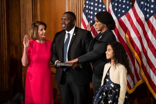 Jan 3, 2019; Washington, DC, USA; Congresswoman Ayanna Pressley (D, MA) is sworn in by House Speaker Nancy Pelosi as a member of the 116th Congress on January 3, 2019 in Washington D.C. Mandatory Credit: Hannah Gaber-USA TODAY - 11935259