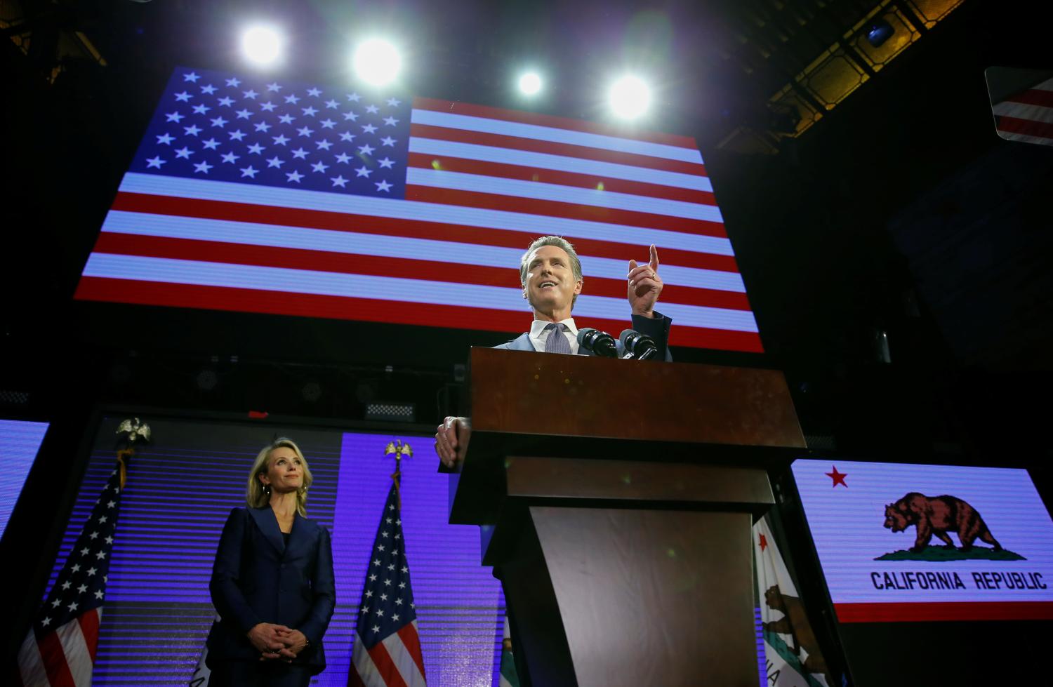 California Democratic gubernatorial candidate Gavin Newsom speaks after  being elected governor of the state during an election  night party in Los Angeles, California, U.S. November 6, 2018.   REUTERS/Mike Blake - RC1A31C99A70