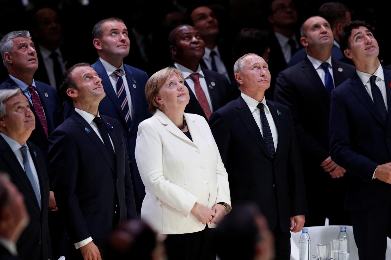 UN Secretary-General Antonio Guterres, French President Emmanuel Macron, German Chancellor Angela Merkel, Russian President Vladimir Putin, and Canadian Prime Minister Justin Trudeau at the Paris Peace Forum
