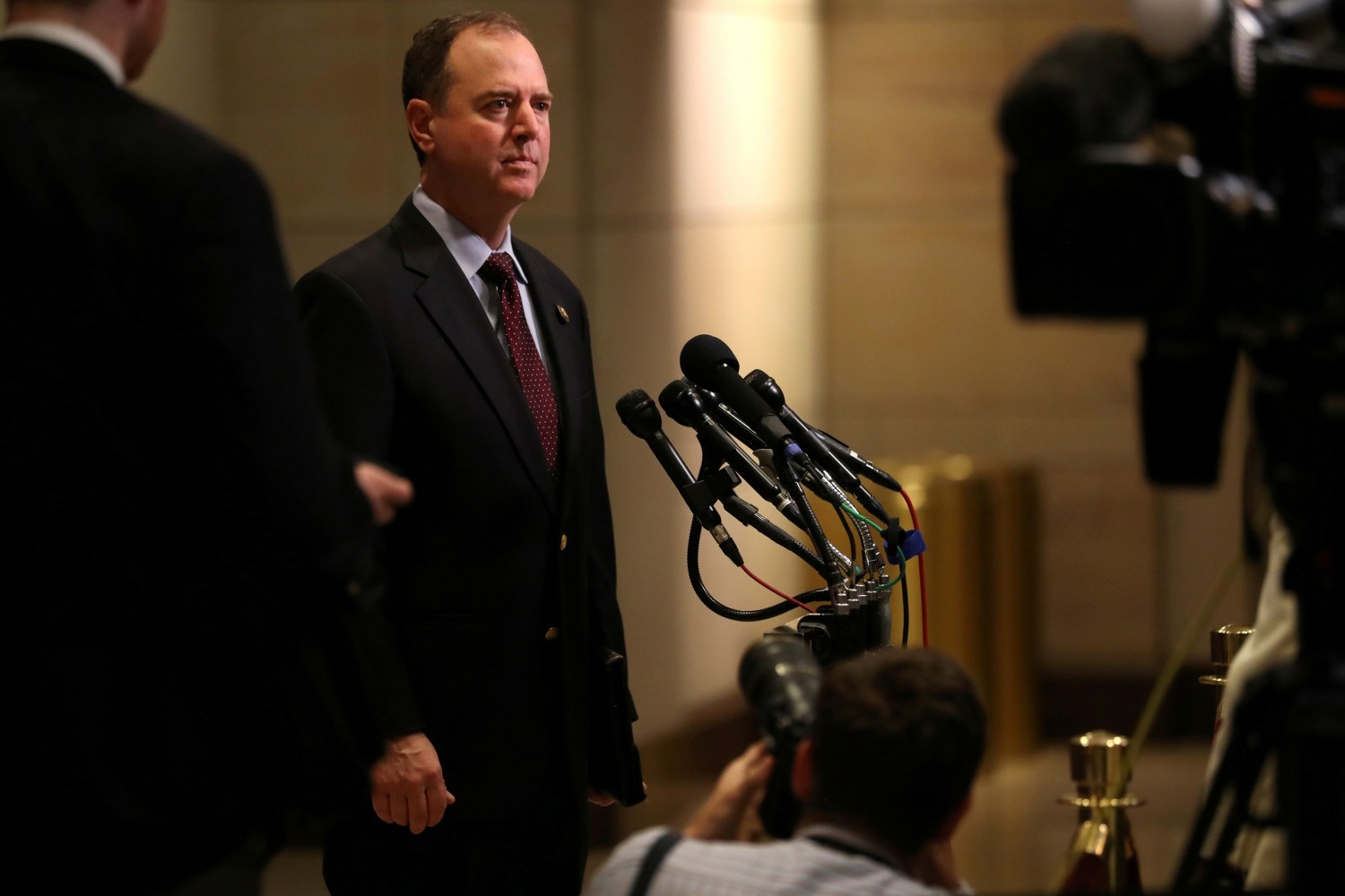 U.S. Representative Adam Schiff, the ranking Democrat on the House Intelligence Committee, talks to reporters as he arrives for U.S. Secretary of Homeland Security Kirstjen Nielsen, FBI Director Christopher Wray and Director of National Intelligence Daniel Coats to brief the U.S. House of Representatives in a classified members-only briefing on election security at the U.S. Capitol in Washington, U.S. May 22, 2018.  REUTERS/Jonathan Ernst - RC1F64BD7DB0