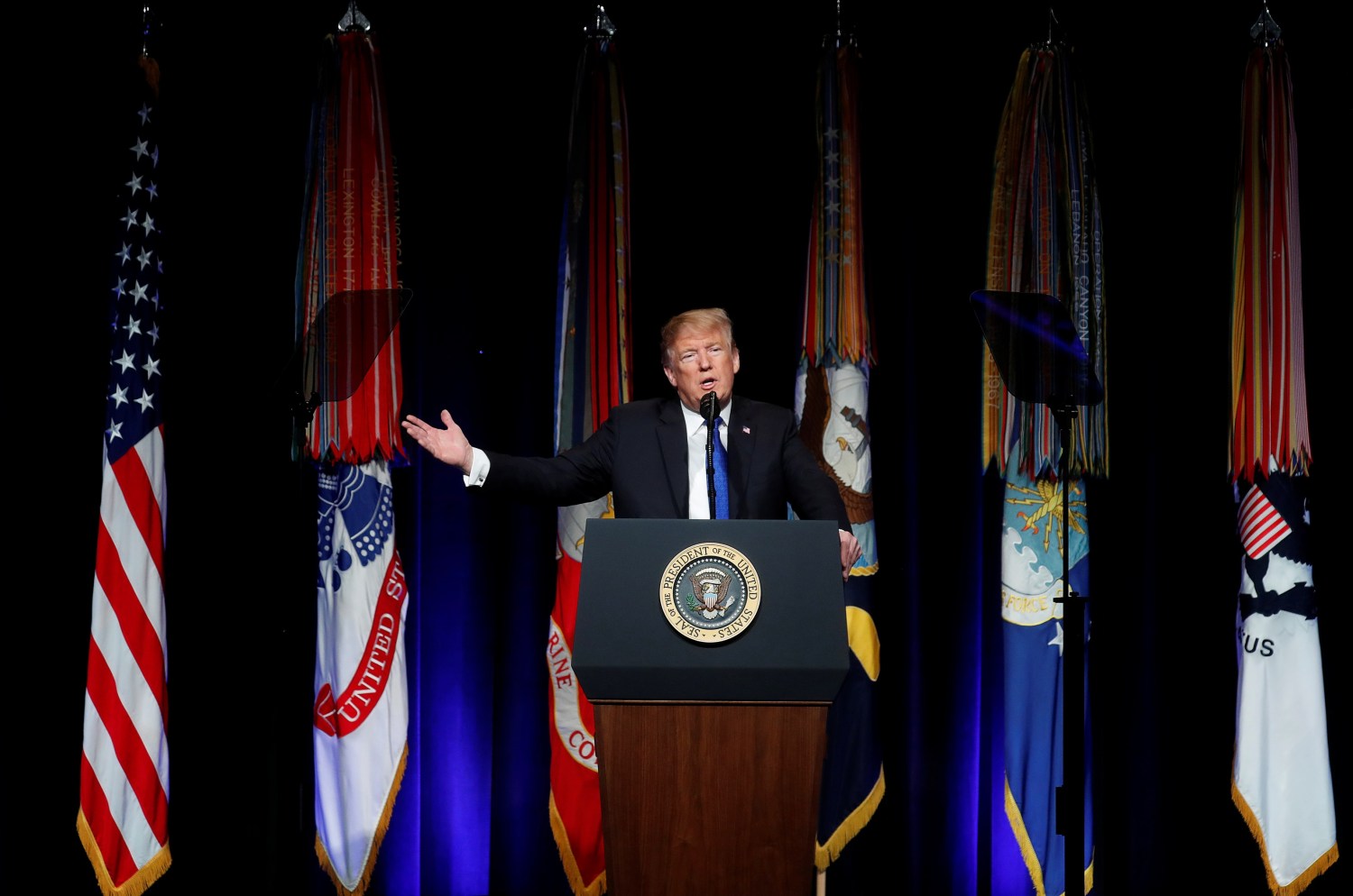 U.S. President Donald Trump speaks during the Missile Defense Review announcement at the Pentagon in Arlington, Virginia, U.S., January 17, 2019. REUTERS/Kevin Lamarque - RC15E60575C0