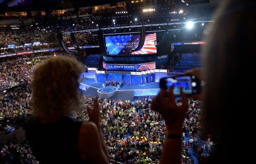 Delegates watch the Democratic Women of the Senate address at the Democratic National Convention in Philadelphia, Pennsylvania. U.S. July 28, 2016.  REUTERS/Charles Mostoller - HT1EC7S1T9V1T