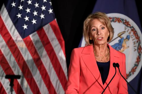 Education Secretary Betsy DeVos makes remarks during a major policy address on Title IX enforcement, which in college covers sexual harassment, rape and assault, at George Mason University, in Arlington, Virginia, U.S., September 7, 2017.           REUTERS/Mike Theiler - RC1A63C12890