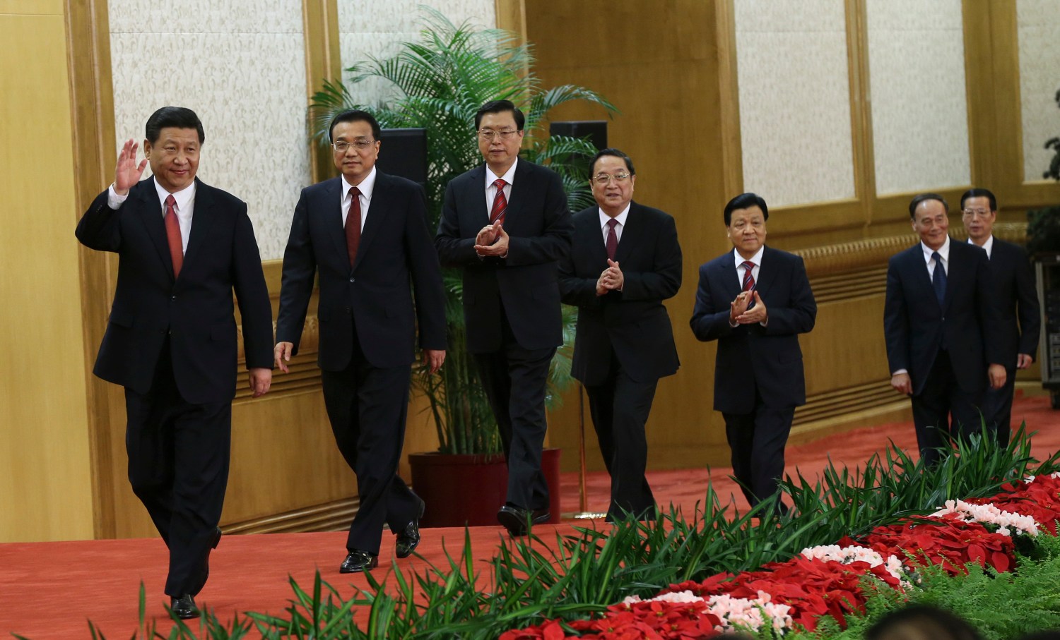 China's new Politburo Standing Committee members (from L to R) Xi Jinping, Li Keqiang, Zhang Dejiang, Yu Zhengsheng, Liu Yunshan, Wang Qishan and Zhang Gaoli, arrive to meet with the press at the Great Hall of the People in Beijing, November 15, 2012. China's ruling Communist Party unveiled its new leadership line-up on Thursday to steer the world's second-largest economy for the next five years, with Vice President Xi Jinping taking over from outgoing President Hu Jintao as party chief. REUTERS/China Daily (CHINA - Tags: POLITICS ELECTIONS TPX IMAGES OF THE DAY) CHINA OUT. NO COMMERCIAL OR EDITORIAL SALES IN CHINA - GM1E8BF1AJO01