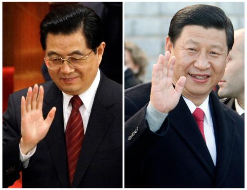 A combination picture shows (L) China's President Hu Jintao waving to delegates after the closing ceremony of the Chinese People's Political Consultative Conference (CPPCC) in Beijing March 14, 2008, and his possible successor (R) China's Vice President Xi Jinping waving to reporters as he leaves the Bellver Castle in Palma November 23, 2010. China has begun work on an 18-month reshuffle of its top economic and regulatory policy officials as part of a leadership transition that will see President Hu Jintao and Premier Wen Jiabao hand their posts to a younger generation. To match Insight CHINA-POLITICS/ REUTERS/Jason Lee (L) and Enrique Calvo (CHINA - Tags: POLITICS HEADSHOT) - GM1E7961STJ01