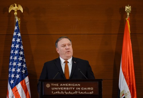 U.S. Secretary of State Mike Pompeo speaks to students at the American University in Cairo, Egypt, January 10, 2019. Andrew Caballero-Reynolds/Pool via REUTERS - RC15D1E44B00