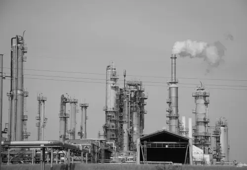 Energy creation and Pollution Oil and Petrochemical Smog and Fossil Fuels are Climate Change and Global Warming black and white , monochrome finish Corpus Christi refinery